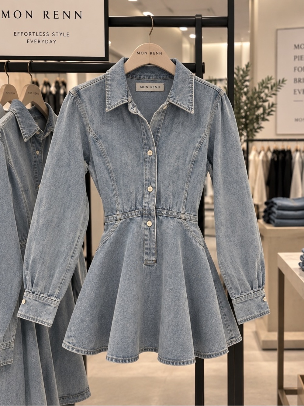 Mon Renn Light Blue Denim Maxi Dress with Peplum Waist